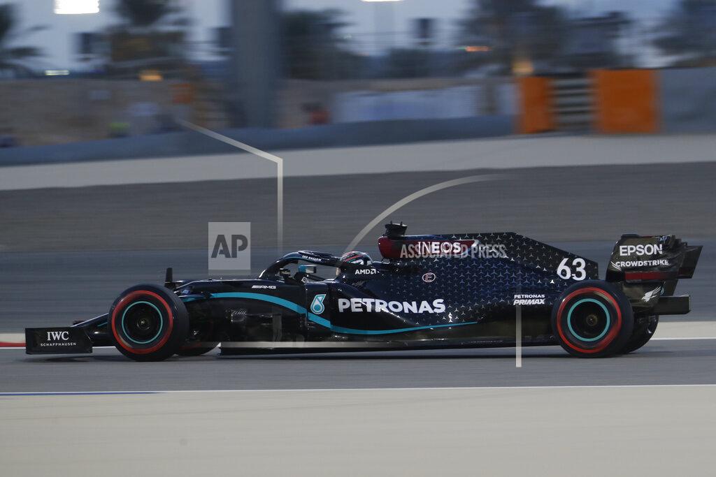 Hamad Mohammed Mercedes driver George Russell of Britain steers his car during the first free practice at the Formula One Bahrain International Circuit in Sakhir, Bahrain, Friday, Dec. 4, 2020. The Bahrain Formula One Grand Prix will take place on Sunday. (Hamad Mohammed, Pool via AP)