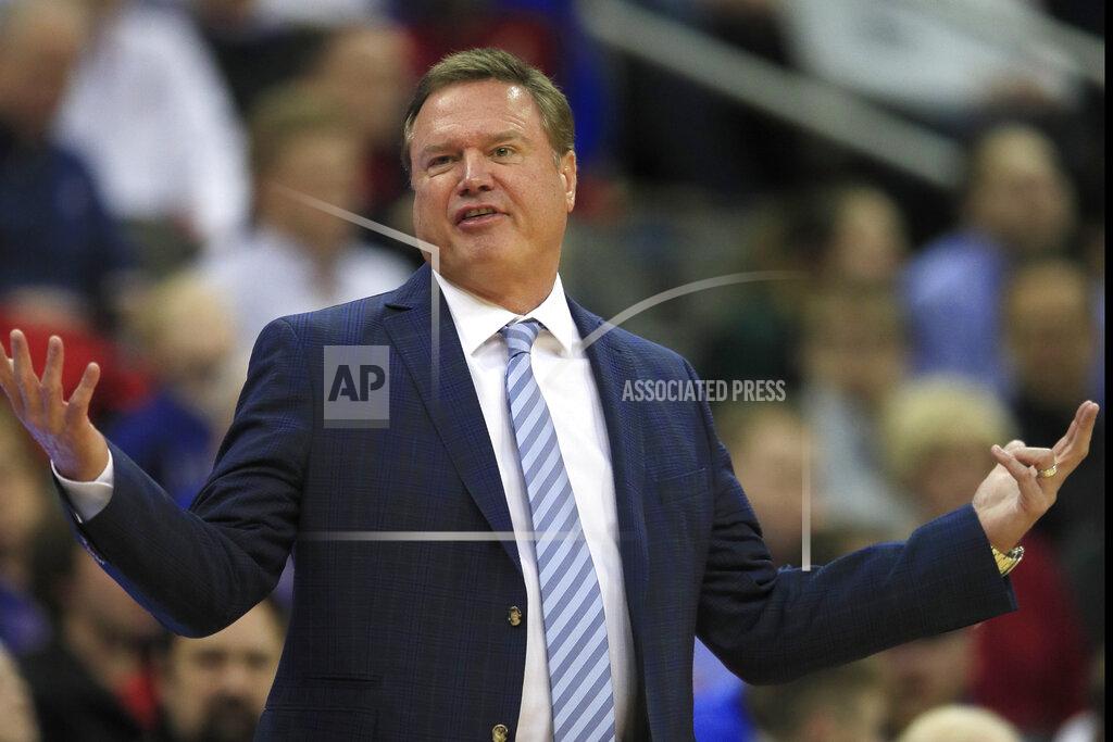 Orlin Wagner Kansas head coach Bill Self talks to his team during the first half of an NCAA college basketball game against Kansas City in Kansas City, Kan., Saturday, Dec. 14, 2019. (AP Photo/Orlin Wagner)