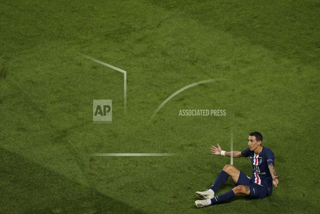 Manu Fernandez PSG's Angel Di Maria reacts during the Champions League final soccer match between Paris Saint-Germain and Bayern Munich at the Luz stadium in Lisbon, Portugal, Sunday, Aug. 23, 2020. (AP Photo/Manu Fernandez, Pool)