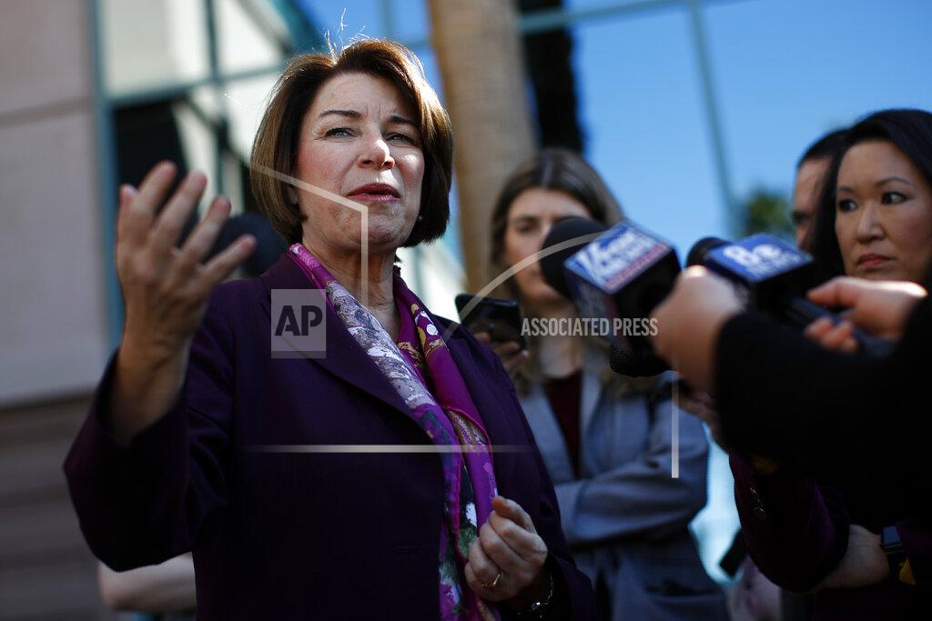 Democratic presidential candidate Sen. Amy Klobuchar, D-Minn., speaks with members of the media after touring the Culinary Health Center, Friday, Feb. 14, 2020, in Las Vegas. (AP Photo/Patrick Semansky)