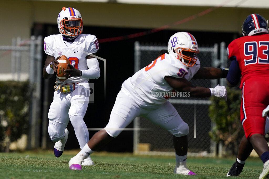 Rogelio V. Solis Edward Waters quarterback Roshard Branch (10) drops back to pass against Jackson State during the first half of an NCAA college football game in Jackson, Miss., Sunday, Feb. 21, 2021. The game marks Sanders's collegiate head coaching debut. (AP Photo/Rogelio V. Solis)