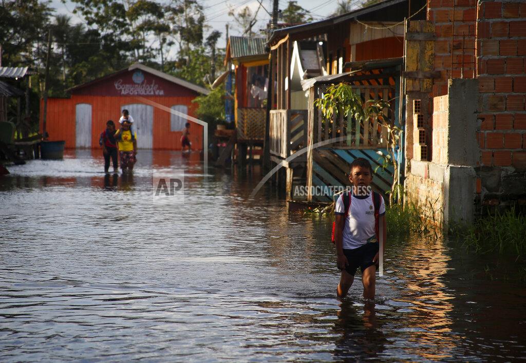 Edmar Barros A student walks to school on a street flooded by the rise of the Negro river in Iranduba, Amazonas state, Brazil, Monday, May 23, 2022. The Amazon region is being hit hard by flooding with 35 municipalities that are facing one of their worst floods in years and the water level is expected to rise over the coming months. (AP Photo/Edmar Barros)