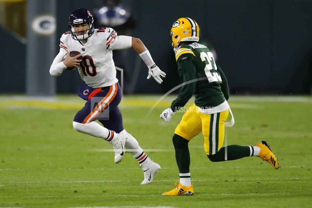 Matt Ludtke Chicago Bears' Mitchell Trubisky tries to get past Green Bay Packers' Jaire Alexander during the first half of an NFL football game Sunday, Nov. 29, 2020, in Green Bay, Wis. (AP Photo/Matt Ludtke)