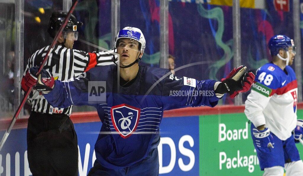 Martin Meissner Jordan Perret of France celebrates after he scored his side's second goal during the group A Hockey World Championship match between France and Slovakia in Helsinki, Finland, Friday May 13, 2022. (AP Photo/Martin Meissner)