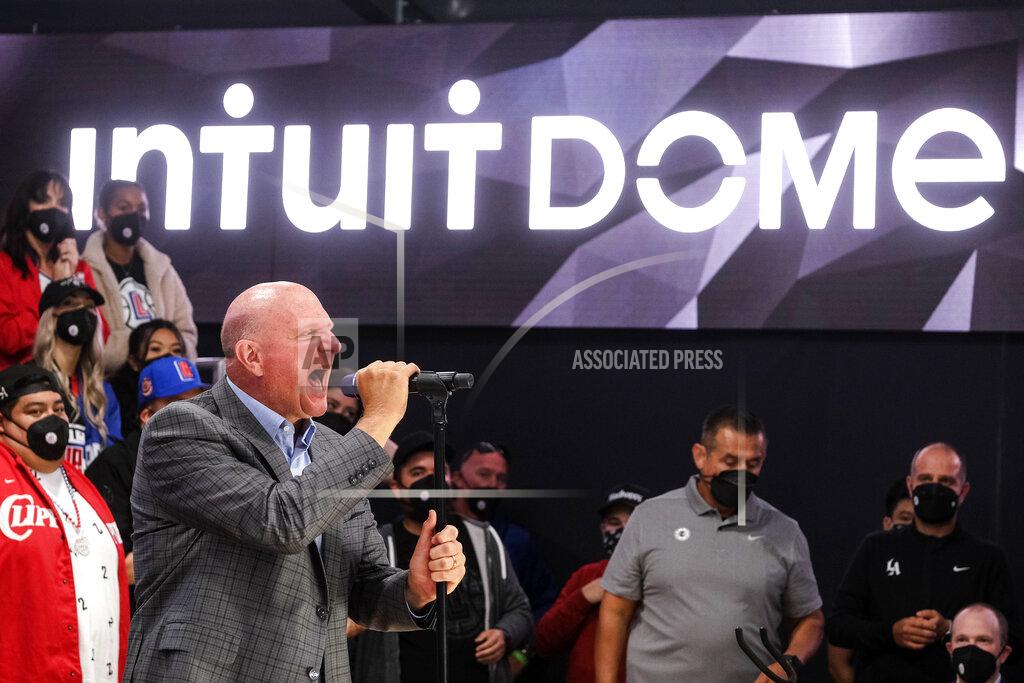 Ringo H.W. Chiu Los Angeles Clippers chairman Steve Ballmer speaks during a groundbreaking ceremony of the Intuit Dome, Friday, Sept. 17, 2021, in Inglewood, Calif. The Clippers' long-awaited, $1.8 billion, the privately funded arena is officially named Intuit Dome. The practice facility, team offices for both business and basketball operations, retail space, and more will all be on the site when it opens in 2024. (AP Photo/Ringo H.W. Chiu)