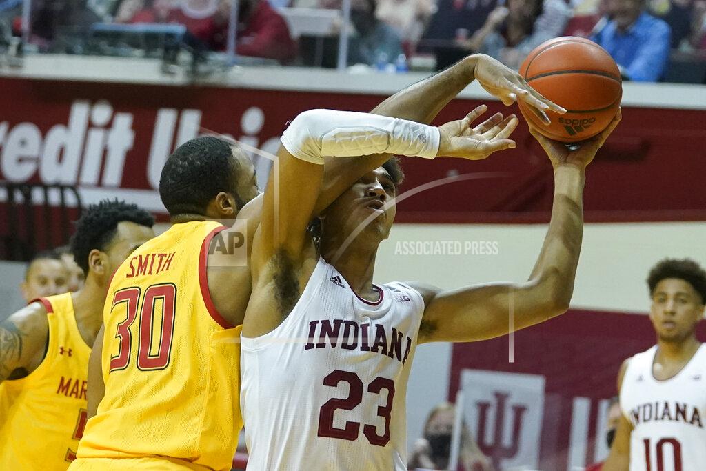 Darron Cummings Indiana forward Trayce Jackson-Davis (23) is fouled by Maryland forward Galin Smith (30) during the second half of an NCAA college basketball game, Monday, Jan. 4, 2021, in Bloomington, Ind. (AP Photo/Darron Cummings)