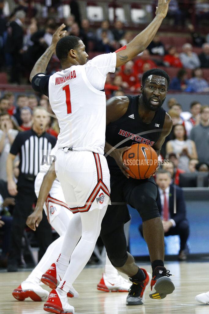 Jay Laprete Rutgers Akwasi Yeboah, right, tries to drive the lane as Ohio State's Luther Muhammad defends during the first half of an NCAA college basketball game Wednesday, Feb. 12, 2020, in Columbus, Ohio. (AP Photo/Jay LaPrete)