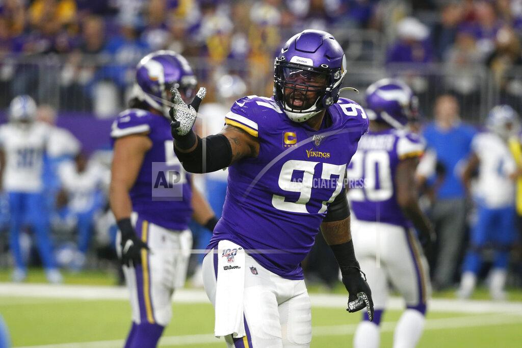 Bruce Kluckhohn FILE - In this Sunday, Dec. 8, 2019 file photo, Minnesota Vikings defensive end Everson Griffen gets set for a play during the second half of an NFL football game against the Detroit Lions in Minneapolis. The Minnesota Vikings have another starter on defense to replace. Defensive end Everson Griffen will not re-sign with the team. Griffen and his agent announced on Friday, March 20, 2020 that they were unable to come to terms with the Vikings due to their salary-cap constraints. (AP Photo/Bruce Kluckhohn, File)