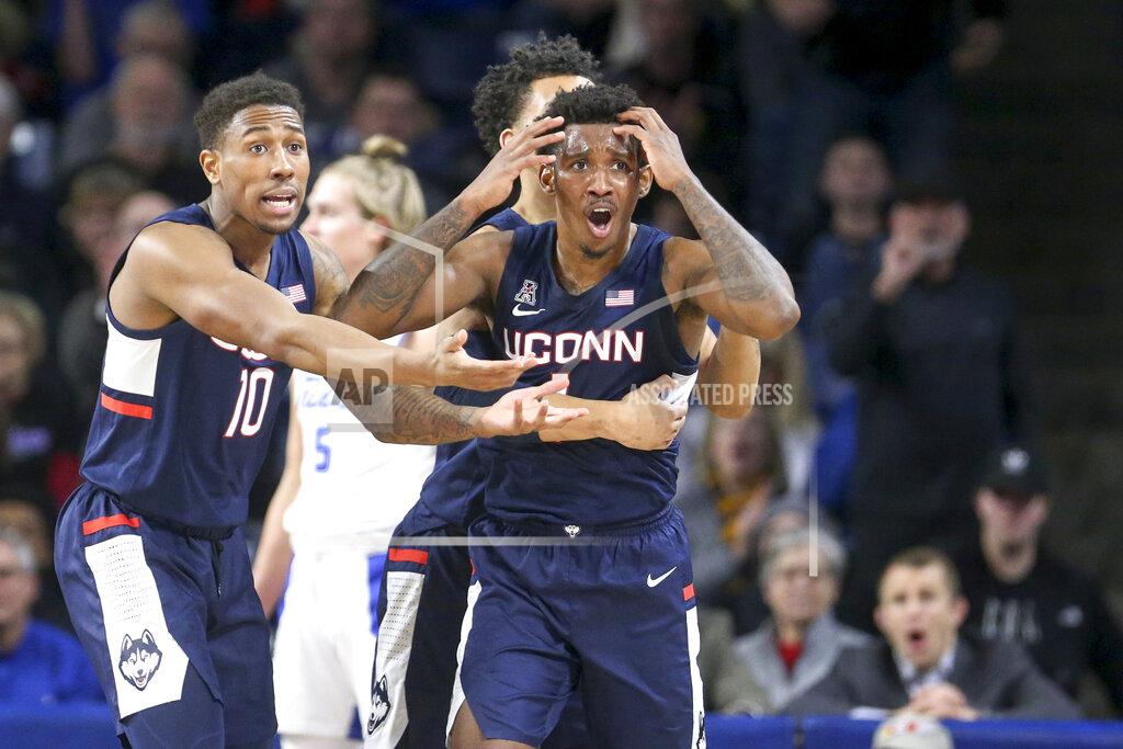 Ian Maule Connecticut guards Brendan Adams (10) and Christian Vital react after Vital was called for a technical foul during the team's NCAA college basketball game against Tulsa on Thursday, Feb. 6, 2020, in Tulsa, Okla. (Ian Maule/Tulsa World via AP)