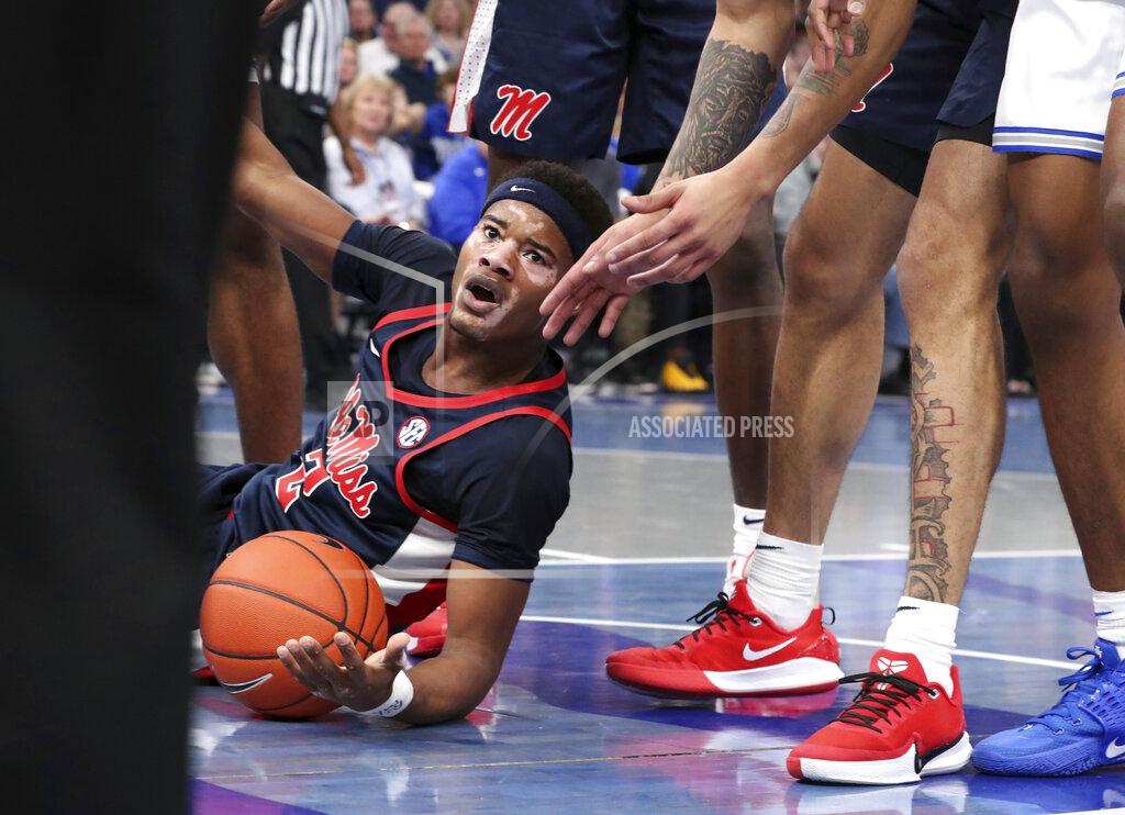 Karen Pulfer Focht Mississippi's Devontae Shuler (2) reacts to a call in the first half of an NCAA college basketball game against Memphis Saturday, Nov. 23, 2019, in Memphis, Tenn. (AP Photo/Karen Pulfer Focht)