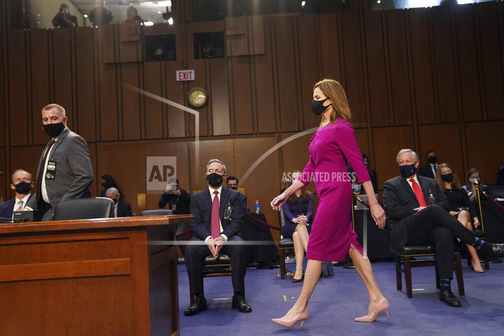 Erin Schaff Supreme Court nominee Amy Coney Barrett arrives to her Senate Judiciary Committee confirmation hearing on Capitol Hill in Washington, Monday, Oct. 12, 2020. (Erin Schaff/The New York Times via AP, Pool)