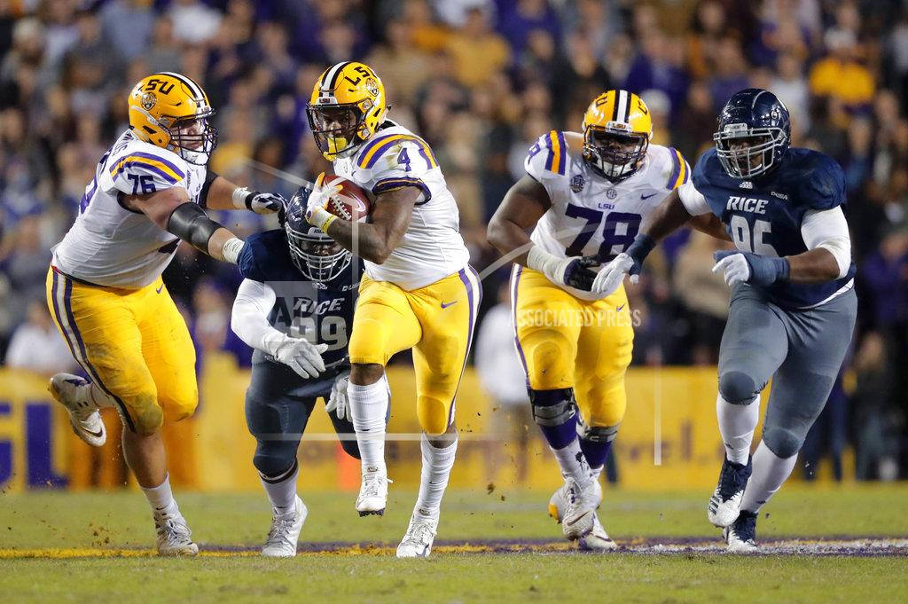 Gerald Herbert LSU running back Nick Brossette (4) carries past Rice defensive lineman Myles Adams (99) and defensive tackle Roe Wilkins (95) in the first half of an NCAA college football game in Baton Rouge, La., Saturday, Nov. 17, 2018. (AP Photo/Gerald Herbert)