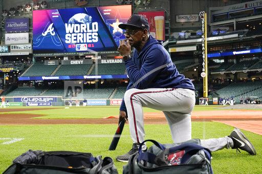Atlanta Braves third base coach Ron Washington watches during batting practice before Game 1 in baseball's World Series against the Houston Astros Tuesday, Oct. 26, 2021, in Houston. (AP Photo/Ashley Landis)