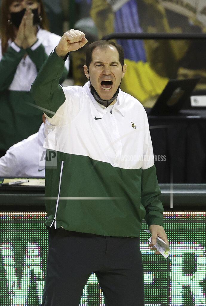 Jerry Larson Baylor head coach Scott Drew reacts as his team scores in the second half of an NCAA college basketball game against Texas Tech Sunday, March 7, 2021, in Waco, Texas. (AP Photo/Jerry Larson)