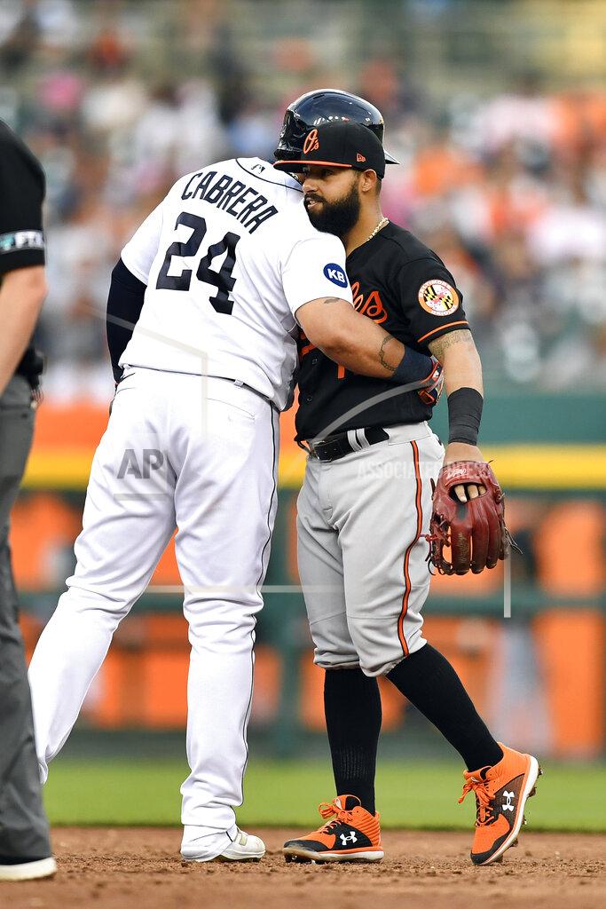 Jose Juarez Detroit Tigers' Miguel Cabrera, left, is congratulated by Baltimore Orioles second baseman Rougned Odor after Cabrera hit a double, the 602nd of his career, during the third inning of a baseball game Friday, May 13, 2022, in Detroit. Cabrera passed Barry Bonds for 17th place. (AP Photo/Jose Juarez)