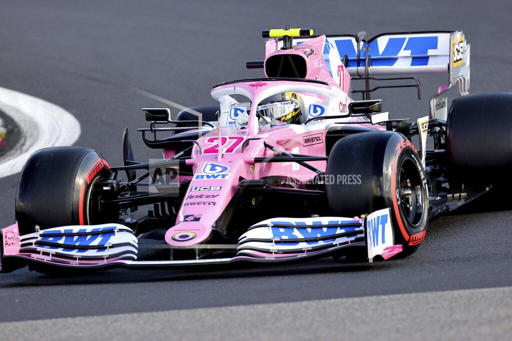 Wolfgang Rattay Racing Point driver Nico Hulkenberg of Germany steers his car during the qualifying session for the Eifel Formula One Grand Prix at the Nuerburgring racetrack in Nuerburg, Germany, Saturday, Oct. 10, 2020. The Germany F1 Grand Prix will be held on Sunday. (Wolfgang Rattay, Pool via AP)