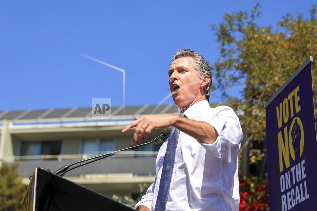 Shae Hammond California Gov. Gavin Newsom speaks during a rally at St. Mary's Center in Oakland, Calif., Saturday, Sept. 11, 2021. The last day to vote in the recall election is Tuesday, Sept. 14. A majority of voters must mark "no" on the recall to keep Newsom in office. (Shae Hammond/Bay Area News Group via AP)