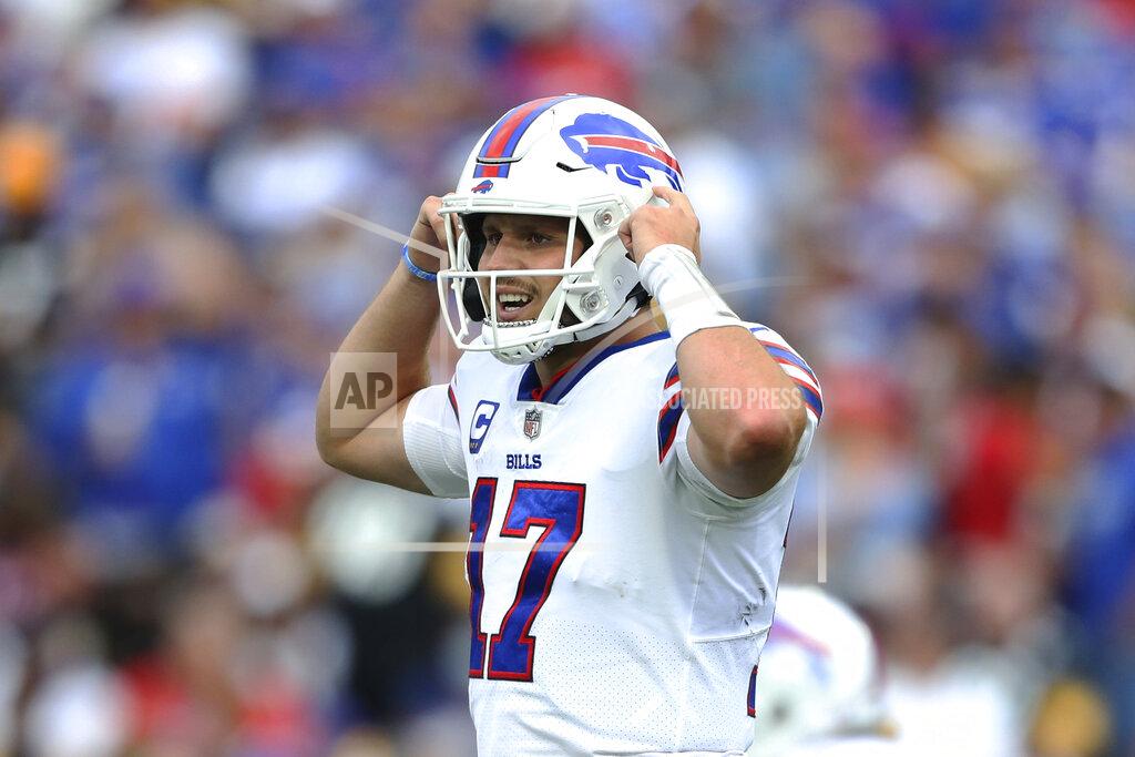 Joshua Bessex Buffalo Bills quarterback Josh Allen calls signals during the second half of an NFL football game against the Pittsburgh Steelers in Orchard Park, N.Y., Sunday, Sept. 12, 2021. (AP Photo/Joshua Bessex)