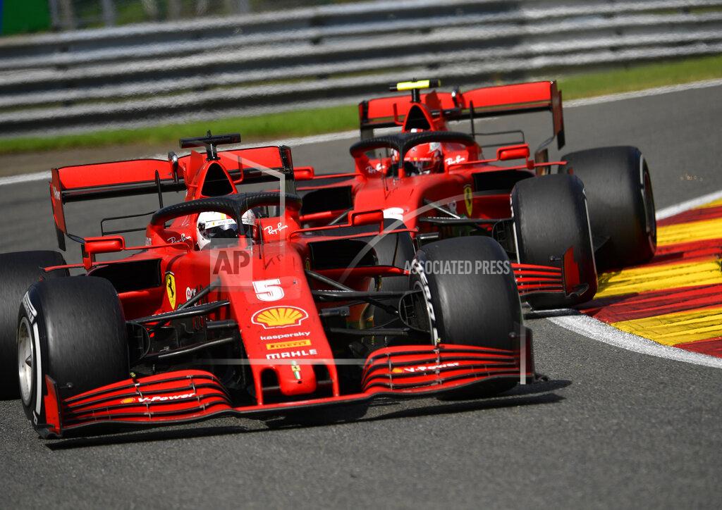 John Thys Ferrari driver Sebastian Vettel of Germany steers his car during the Formula One Grand Prix at the Spa-Francorchamps racetrack in Spa, Belgium, Sunday, Aug. 30, 2020. (John Thys, Pool via AP)