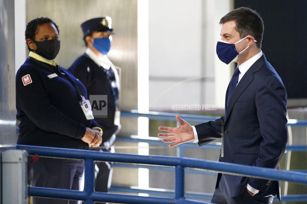 Carolyn Kaster Transportation Secretary Pete Buttigieg talks with Amtrak workers before speaking at Union Station in Washington, Friday, Feb. 5, 2021. (AP Photo/Carolyn Kaster)