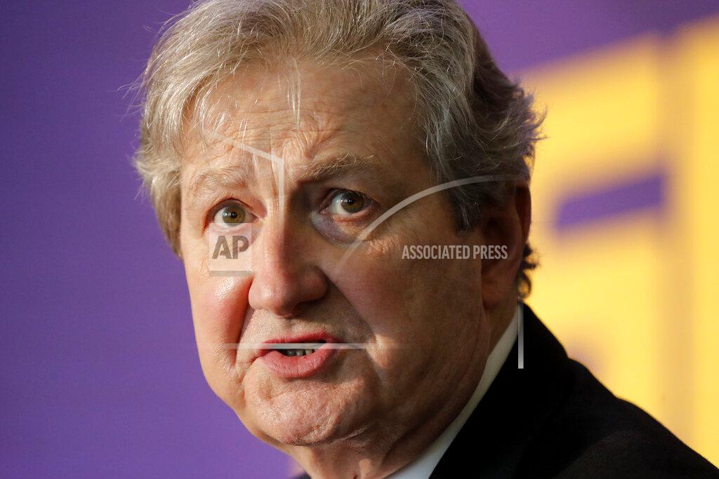 Gerald Herbert FILE - In this July 14, 2020, file photo, Sen. John Kennedy, R-La., speaks at a roundtable discussion in Tiger Stadium on the LSU campus, during a visit by Vice President Mike Pence, in Baton Rouge, La. More than a dozen unions and citizens’ groups say unemployed workers will demonstrate at U.S. senators’ offices in nine Louisiana cities to demand continued $600 federal coronavirus unemployment benefits. Sens. Bill Cassidy and Kennedy are among Republicans supporting Majority Leader Mitch McConnell’s proposal to cut that benefit to $200 a week on top of state unemployment pay. (AP Photo/Gerald Herbert, File)