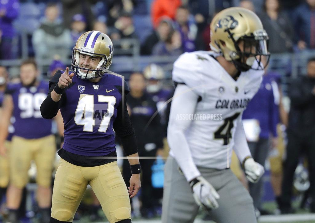 Ted S. Warren Washington kicker Peyton Henry (47) reacts after he kicked a field goal in the second half of an NCAA college football game against Colorado, Saturday, Oct. 20, 2018, in Seattle. Washington won 27-13. (AP Photo/Ted S. Warren)