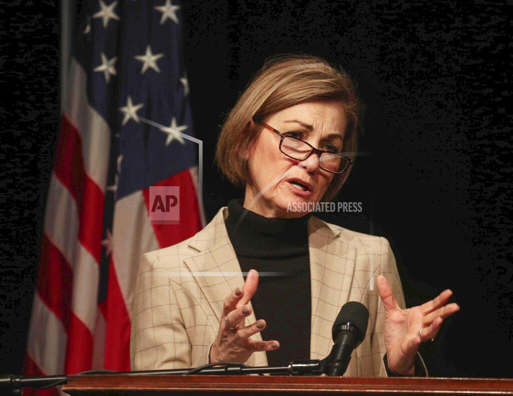 Iowa Gov. Kim Reynolds addresses Iowans during her weekly press conference on Thursday, Feb. 4, 2021, in Johnston, Iowa, where she provided updates on the COVID-19 vaccination efforts. (Bryon Houlgrave/The Des Moines Register via AP)