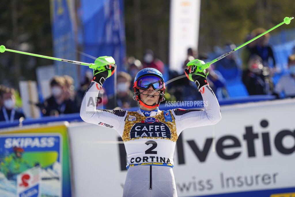 Slovakia's Petra Vlhova celebrates after winning the silver medal in the women's slalom, at the alpine ski World Championships in Cortina d'Ampezzo, Italy, Saturday, Feb. 20, 2021. (AP Photo/Giovanni Auletta)