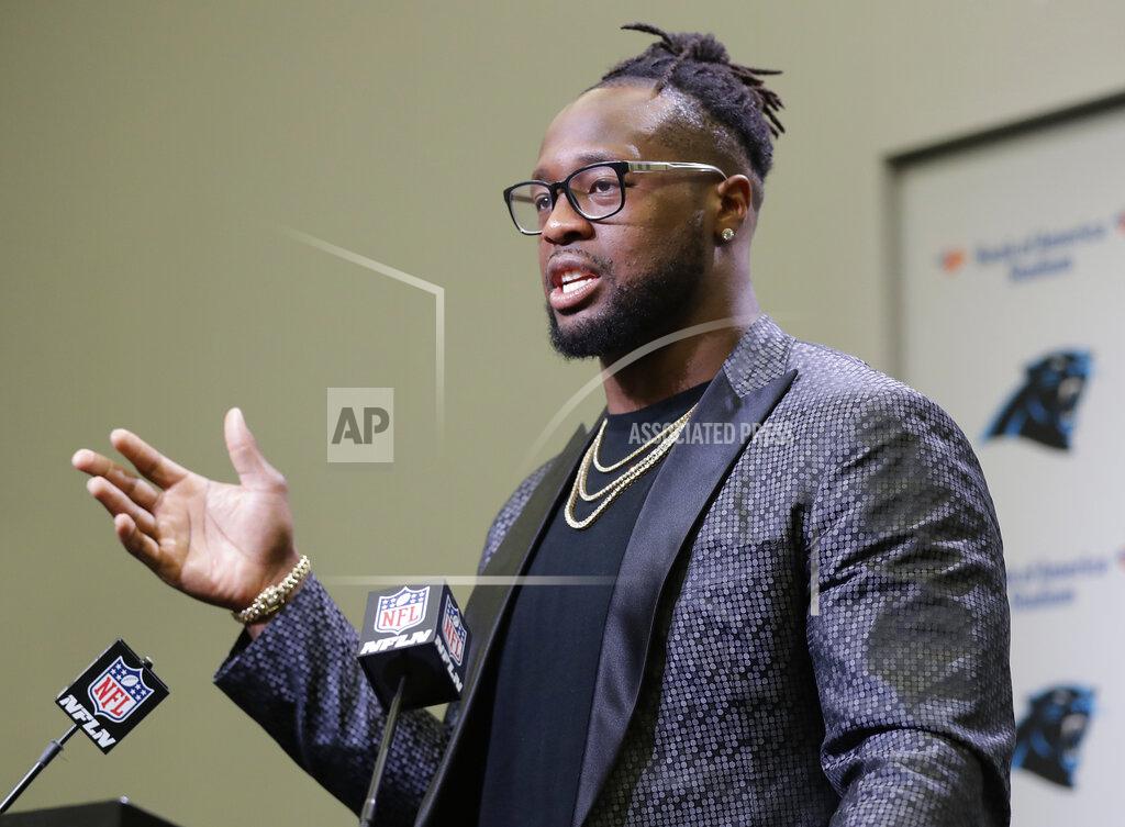 Chuck Burton Carolina Panthers' Gerald McCoy answers a question during a news conference in Charlotte, N.C., Tuesday, June 4, 2019. After nine productive seasons with the Tampa Bay Buccaneers, the six-time Pro Bowl and three-time All-Pro NFl football defensive tackle McCoy signed with the Panthers. (AP Photo/Chuck Burton)