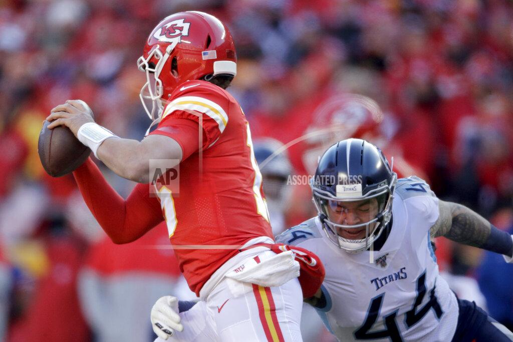 Charlie Riedel Tennessee Titans' Kamalei Correa (44) sacks Kansas City Chiefs' Patrick Mahomes during the first half of the NFL AFC Championship football game Sunday, Jan. 19, 2020, in Kansas City, MO. (AP Photo/Charlie Riedel)