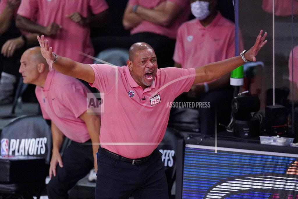 Mark J. Terrill Los Angeles Clippers head coach Doc Rivers during the first half of an NBA conference semifinal playoff basketball game against the Denver Nuggets,Tuesday, Sept. 15, 2020, in Lake Buena Vista, Fla. (AP Photo/Mark J. Terrill)