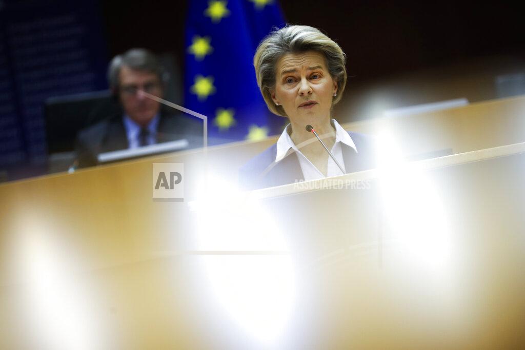 Francisco Seco European Commission President Ursula Von Der Leyen addresses European lawmakers during a plenary session on the inauguration of the new President of the United States and the current political situation, at the European Parliament in Brussels, Wednesday, Jan. 20, 2021. (AP Photo/Francisco Seco, Pool)