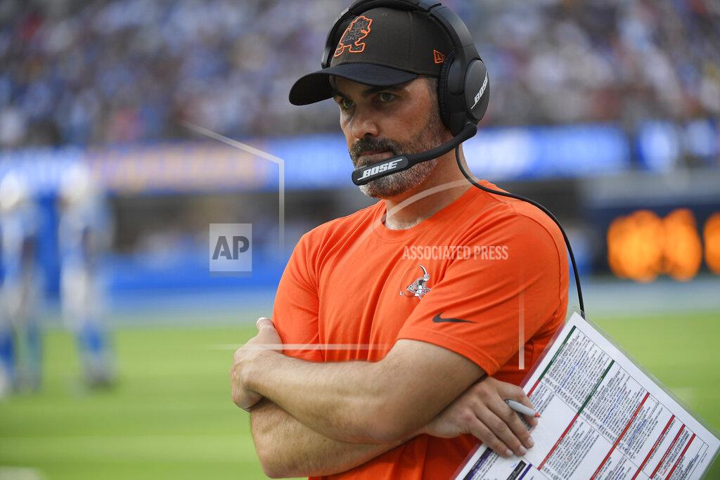 Kevork Djansezian Cleveland Browns head coach Kevin Stefanski watches from the sideline during the second half of an NFL football game against the Los Angeles Chargers on Sunday, Oct. 10, 2021, in Inglewood, Calif. Cleveland's second-year coach — voted the NFL's top coach as a rookie — made some questionable play calls in the fourth quarter when the Browns were trying to protect a one-point lead in what became a 47-42 loss to the Chargers.(AP Photo/Kevork Djansezian)