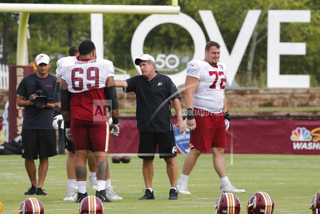 Steve Helber FILE - In this Aug. 5, 2019 file photo, Washington's offensive line coach, Bill Callahan, center, talks with tackle Hugh Thornton (69) during NFL football training camp in Richmond, Va. The Washington Football Team will return to Richmond for the start of training camp this summer. The club and city on Friday, June 4, 2021 announced a limited engagement from July 27-31. (AP Photo/Steve Helber)