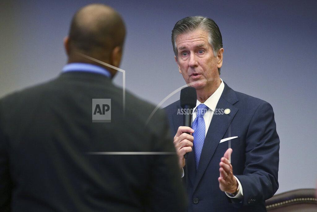 Phil Sears Sen. Bobby Powell, D-West Palm Beach listens as Sen. Jim Boyd, R-Bradenton answers his question about an amendment to Boyd's Senate Bill CS/SB 2-D: Property Insurance in the Florida Senate Tuesday, May 24, 2022 at the Capitol in Tallahassee, Fla. (AP Photo/Phil Sears)