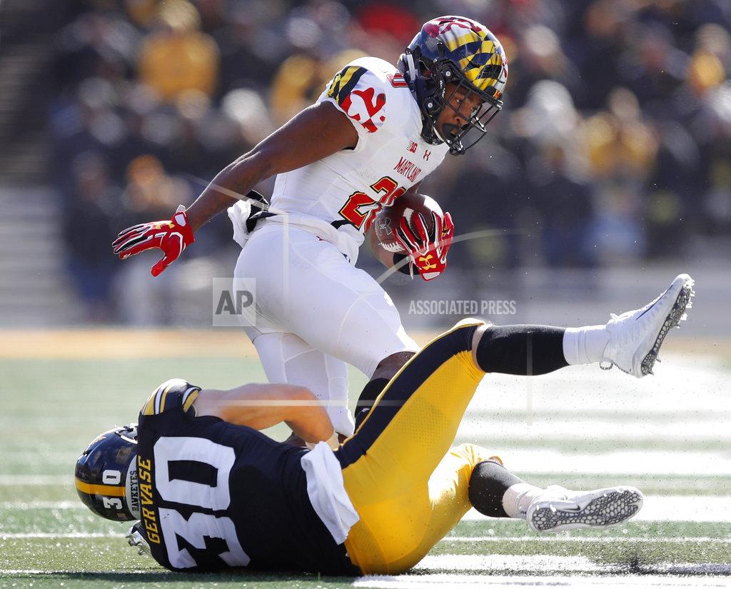 Charlie Neibergall Maryland running back Javon Leake is tackled by Iowa defensive back Jake Gervase (30) during the second half of an NCAA college football game, Saturday, Oct. 20, 2018, in Iowa City, Iowa. Iowa won 23-0. (AP Photo/Charlie Neibergall)