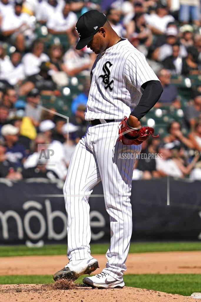 Nam Y. Huh Chicago White Sox starting pitcher Reynaldo Lopez looks down as he kicks the mound during the fourth inning of a baseball game against the Los Angeles Angels in Chicago, Thursday, Sept. 16, 2021. (AP Photo/Nam Y. Huh)