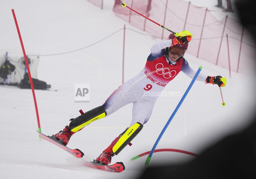 Robert F. Bukaty Mikaela Shiffrin of the United States loses control before skiing out during the women's combined slalom at the 2022 Winter Olympics, Thursday, Feb. 17, 2022, in the Yanqing district of Beijing. (AP Photo/Robert F. Bukaty)