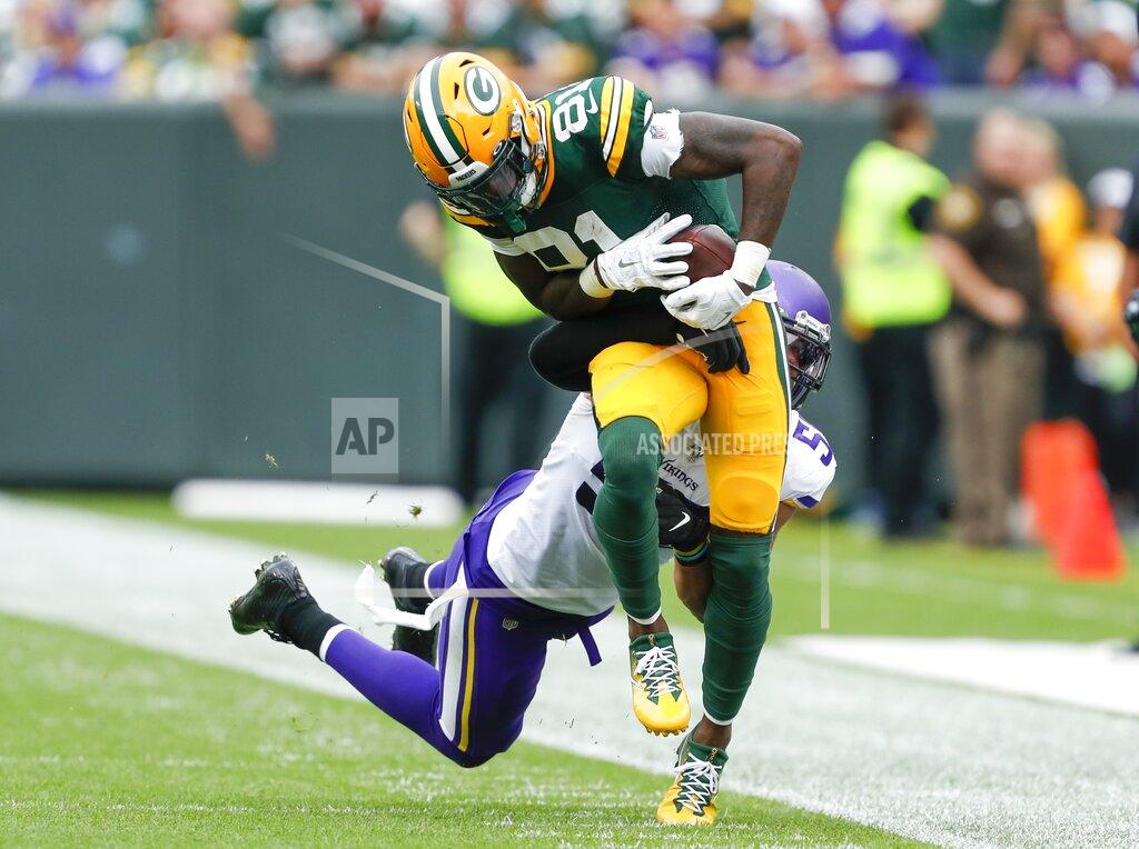 Matt Ludtke Green Bay Packers' Geronimo Allison catches a pass during the first half of an NFL football game against the Minnesota Vikings Sunday, Sept. 15, 2019, in Green Bay, Wis. (AP Photo/Matt Ludtke)