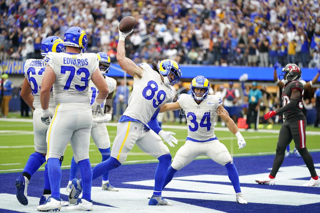 Jae C. Hong Los Angeles Rams tight end Tyler Higbee (89) celebrates after his touchdown catch during the first half of an NFL football game against the Tampa Bay Buccaneers Sunday, Sept. 26, 2021, in Inglewood, Calif. (AP Photo/Jae C. Hong )