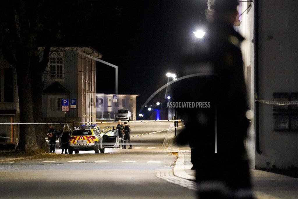 Hakon Mosvold Larsen Police at the scene after an attack in Kongsberg, Norway, Wednesday, Oct. 13, 2021. Several people have been killed and others injured by a man armed with a bow and arrow in a town west of the Norwegian capital, Oslo. (Hakon Mosvold Larsen/NTB Scanpix via AP)