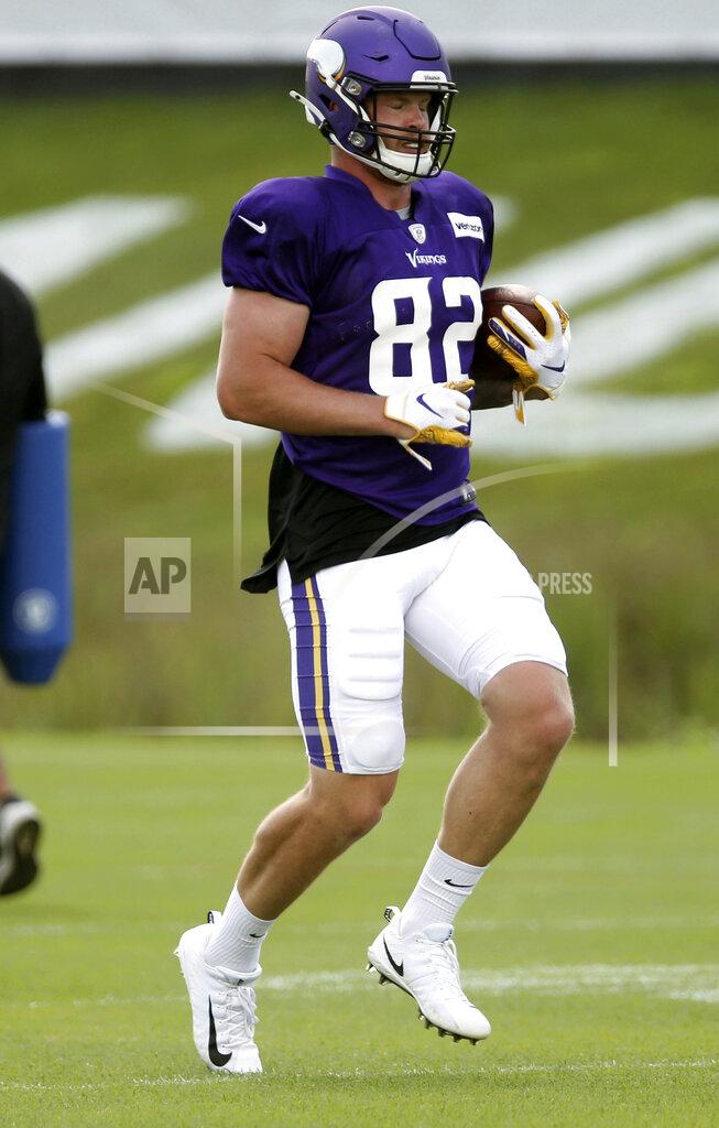 Jim Mone Minnesota Vikings tight end Kyle Rudolph carries the ball during the NFL football team's training camp Monday, July 29, 2019, in Eagan, Minn. (AP Photo/Jim Mone)