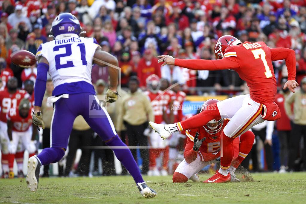 Reed Hoffmann Kansas City Chiefs kicker Harrison Butker (7) boots a winning field goal as Minnesota Vikings cornerback Mike Hughes (21) watches during the second half of an NFL football game in Kansas City, Mo., Sunday, Nov. 3, 2019. (AP Photo/Reed Hoffmann)
