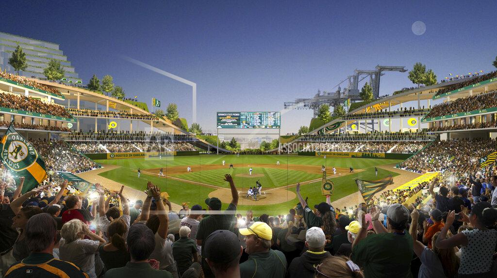 Big -Bjarke Ingels Group FILE - This rendering provided by the Oakland Athletics and BIG - Bjarke Ingels Group shows an interior view of the baseball club's proposed new ballpark at Howard Terminal in Oakland, Calif. The Oakland City Council approved preliminary terms for a new $12 billion waterfront ballpark project for the Athletics, Tuesday, July 20, 2021. But it's not clear if the 6-1 vote will be enough to keep the A's at the negotiating table instead of leaving the city. (Courtesy of BIG - Bjarke Ingels Group/Oakland Athletics via AP, File)