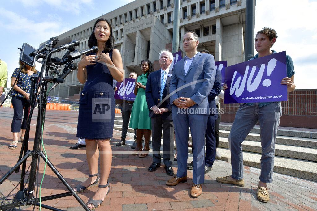 Josh Reynolds Mayoral Candidate City Councilor Michelle Wu speaks to reporters outside City Hall in Boston on Wednesday, Sept. 15, 2021. Wu placed first in a preliminary mayoral election that selected two top contenders from a field of five candidates all of whom are people of color, four of them women. (AP Photo/Josh Reynolds)