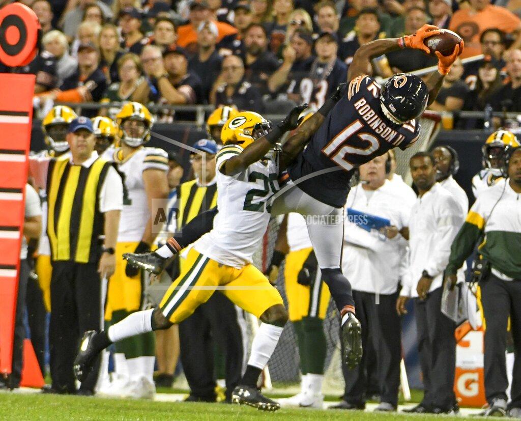 David Banks Chicago Bears' Allen Robinson catches a pass in front of Green Bay Packers' Tony Brown during the first half of an NFL football game Thursday, Sept. 5, 2019, in Chicago. (AP Photo/David Banks)