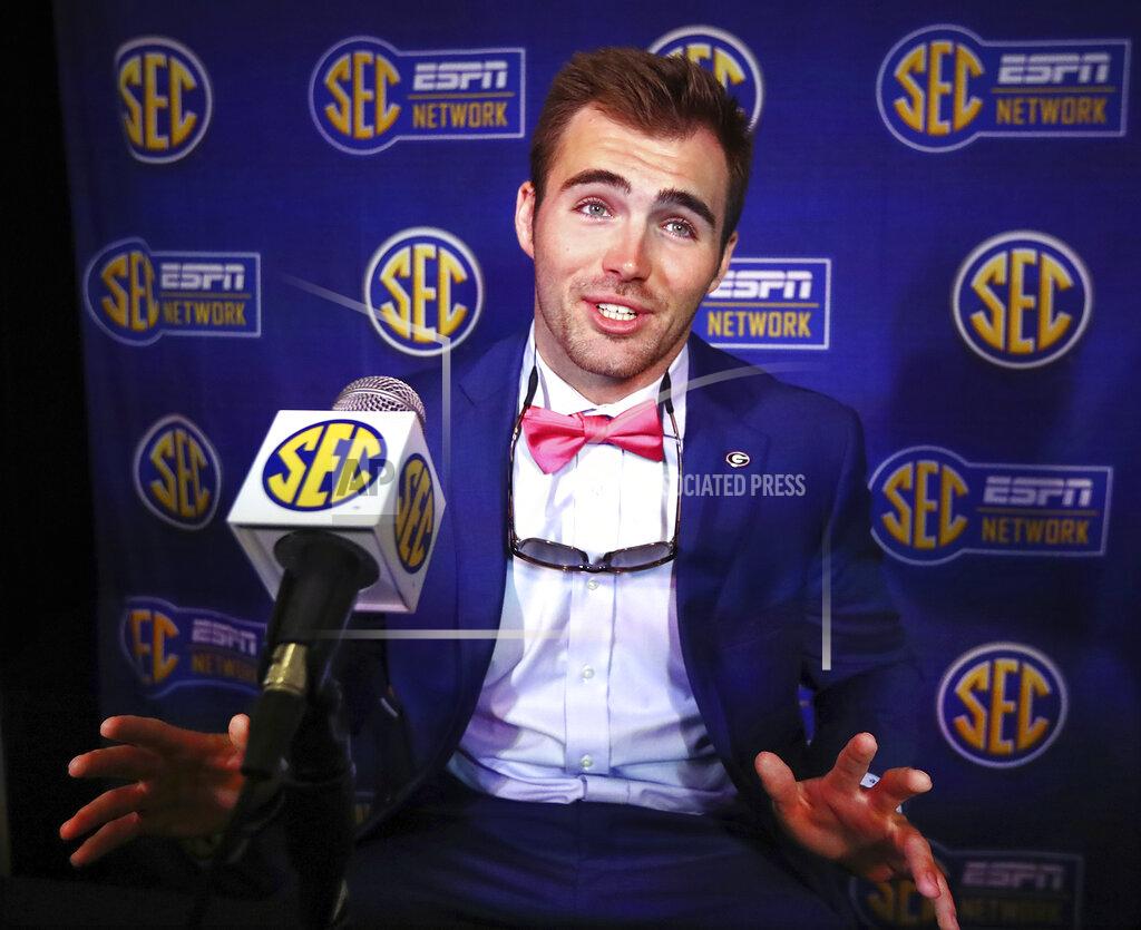 Georgia quarterback Jake Fromm speaks during a press conference at the Southeastern Conference NCAA college football media days in Hoover, Ala., Tuesday, July 16, 2019. (Curtis Compton /Atlanta Journal-Constitution via AP)