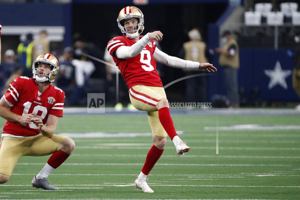 Roger Steinman FILE - San Francisco 49ers kicker Robbie Gould (9) warms up with Mitch Wishnowsky (18) before an NFL wild-card playoff football game against the Dallas Cowboys in Arlington, Texas, Sunday, Jan. 16, 2022. Coach Kyle Shanahan has a simple request for the San Francisco 49ers special teams units each week. With a dynamic offense and fearsome pass rush leading a stout defense, he just wants to avoid catastrophes in the kicking game.(AP Photo/Roger Steinman, File)