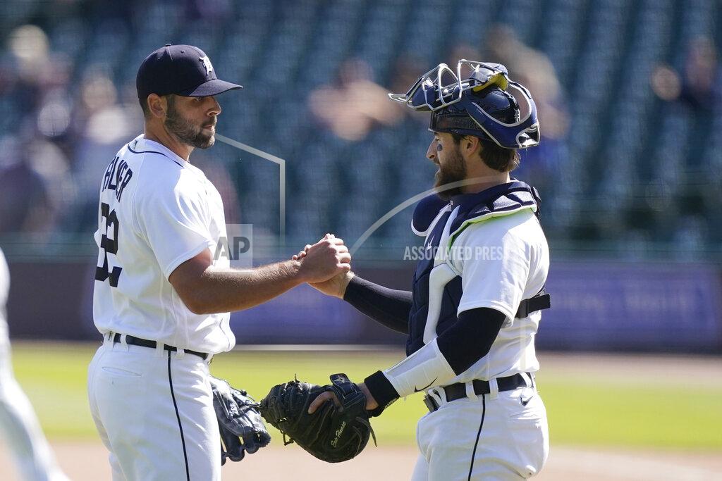 Carlos Osorio Detroit Tigers relief pitcher Michael Fulmer greets catcher Eric Hasse after saving the ninth inning of a baseball game against the Kansas City Royals, Thursday, May 13, 2021, in Detroit. (AP Photo/Carlos Osorio)