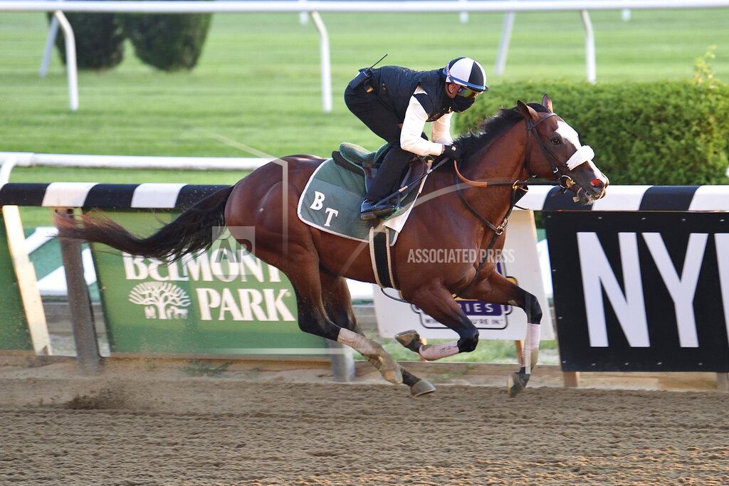 Susie Raisher In this Sunday, June 14, 2020, photo provided by Coglianese Photos, Tiz The Law trains at Belmont Park in Elmont, N.Y. Tiz the Law looks every bit like the best 3-year-old in the world and is the Triple Crown favorite, so it’ll take something spectacular from a watered-down field to prevent him from becoming the first New York-bred horse to win the Belmont in over 130 years and take a powerful stride toward the Kentucky Derby.(Susie Raisher/Coglianese Photos via AP)